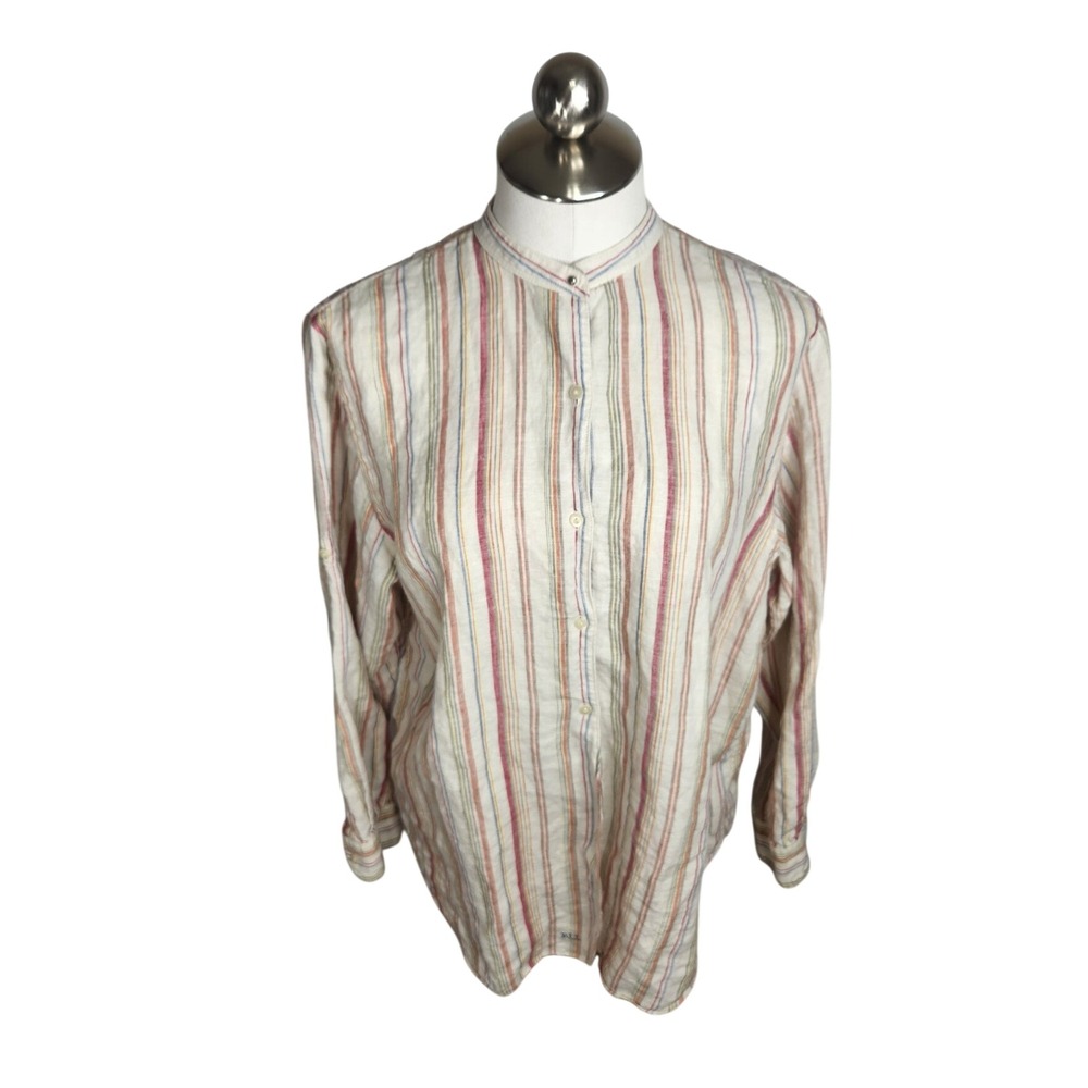 Lauren Ralph Lauren Button Front Shirt Women Large White Multicolor Stripe Linen